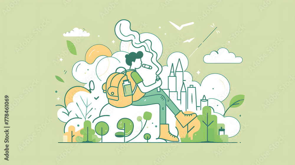 A simple line art vector illustration shows a character sitting on his backpack and smoking a vape A simple line art vector illustration shows a character sitting on his backpack and smoking a vape