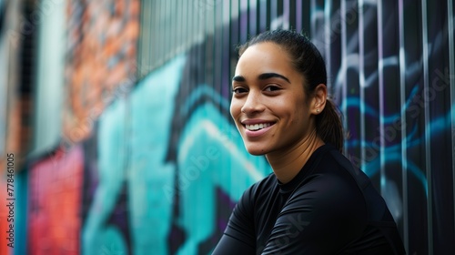Happy smiling sport woman, Latin American female athlete portrait. Beautiful confident girl