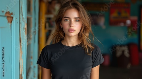 a beautiful young woman standing in front of a blue wall wearing a black t - shirt and looking at the camera.