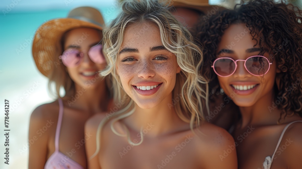 a group of young women standing next to each other wearing sun glasses and bikinis on a beach with the ocean in the background. a group of young women standing next to each other wearing sun glasses and bikinis on a beach with the ocean in the background.