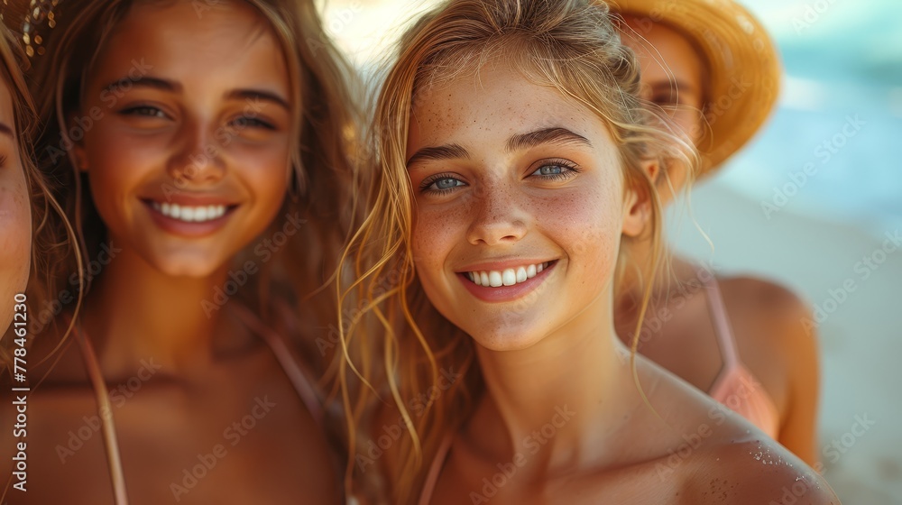 a group of beautiful young women standing next to each other on top of a sandy beach next to the ocean. a group of beautiful young women standing next to each other on top of a sandy beach next to the ocean.
