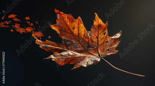 Backlit orange maple leaf against a dark background.