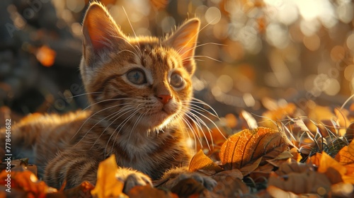   A detailed image of a feline resting amidst a mound of foliage, surrounded by an out-of-focus backdrop of tree trunks