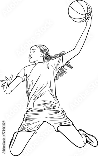 basketball player jumping, girl playing basketball. Vector outline illustration design element. Coloring book page