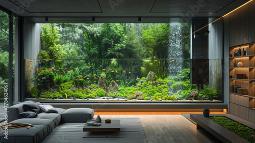 An AI-enhanced aquarium simulates natural underwater ecosystems, dynamically adjusting lighting and water conditions to create a mesmerizing focal point in the modern living room. photo