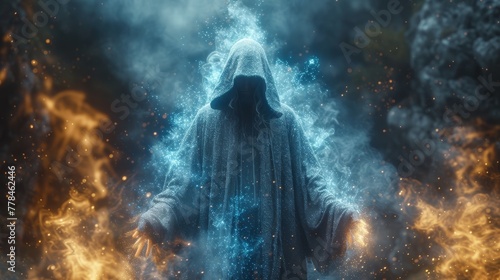a man standing in front of a fire and ice background with a hooded figure in the center of the image.