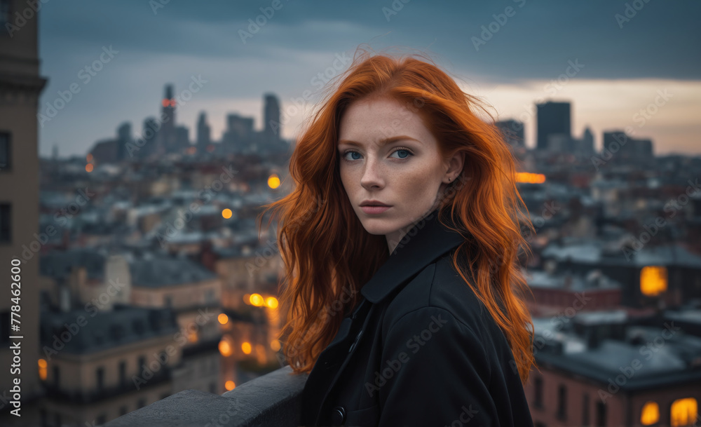 Portrait of a beautiful red-haired model, a ginger model with a face of beauty and red hair, noir, contrast, color paint, multiple colors, city at background , detailed,