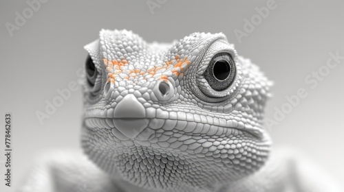 a close up of a lizard s face with an orange spot on it s left eye and an orange spot on its right eye.