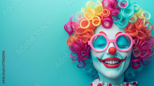 Joyous clown character with colorful curls and party atmosphere, suitable for event marketing and fun educational content. Ideal for engaging children in learning activities