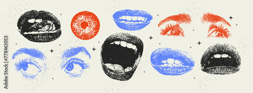 Grunge grain eyes and mouths with a xerox or photocopy effect in a pop art style. Dotted elements with halftone stipple effect for gothic collage design. Vector illustration.