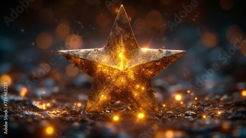 a close up of a gold star on a black background with a blurry boke of light around it.