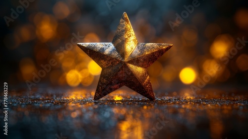 a close up of a gold star on a shiny surface with a blurry background of gold lights in the background.