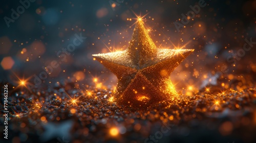 a gold star on a black background with a blurry boke of stars in the foreground and a blurry boke of stars in the background.