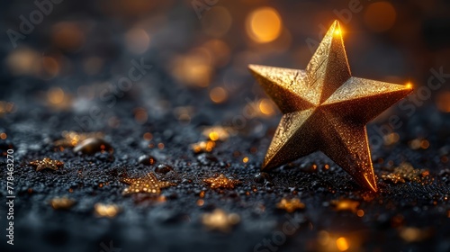 a close up of a gold star on a black surface with gold flecks and a blurry background.