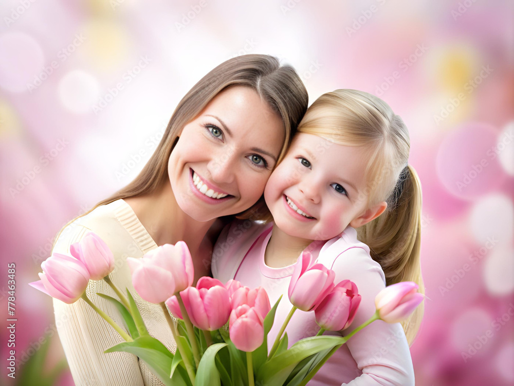 Portrait of a happy mother and daughter with spring tulips. Portrait of a happy mother and daughter with spring tulips.