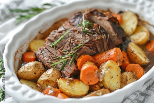 Hearty Beef Pot Roast with Juicy Roasted Meat, Carrots and Potatoes - A Savoury and Comforting Dinner Option