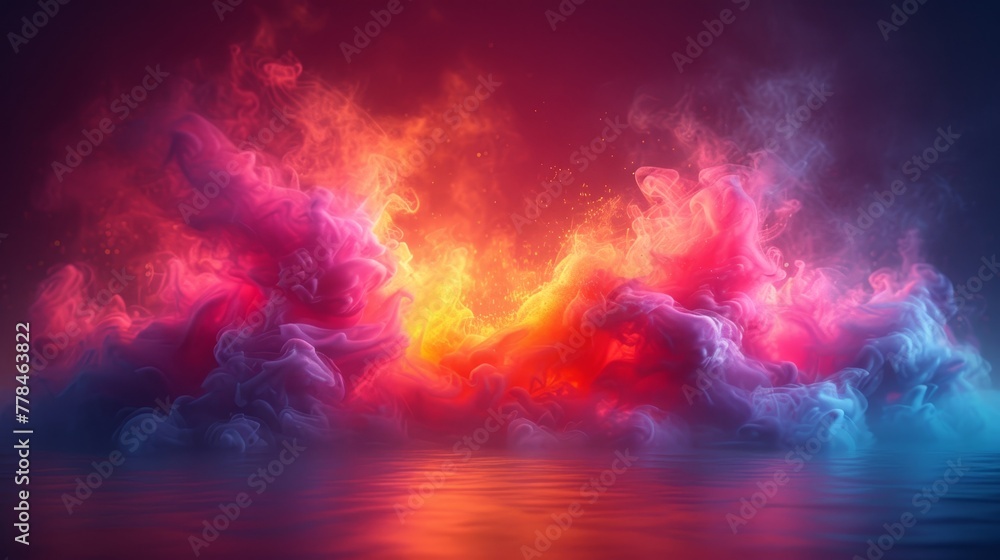 a colorful cloud of smoke floating on top of a body of water in front of a red and blue sky.