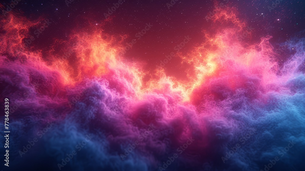 a red and blue sky filled with clouds and a star filled sky with a red and blue cloud in the middle of the sky.