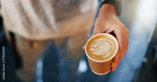 Latte art, coffee shop and hands pouring cup for take away with barista, small business and hospitality. Cappuccino, milk foam and service person in cafe, restaurant or bistro with hot drink to go.