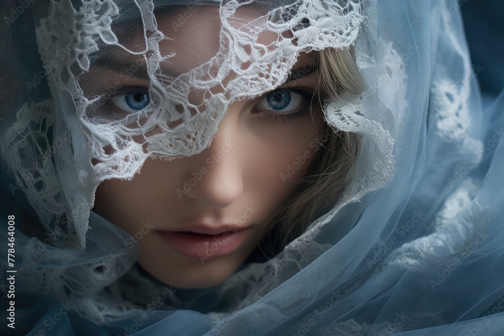 beautiful girl with striking blue eyes, her face partially covered by a delicate lace veil, creating an air of intrigue and subtle allure