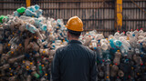 Worker overlooking vast plastic waste, perfect for environmental campaigns and sustainable living education
