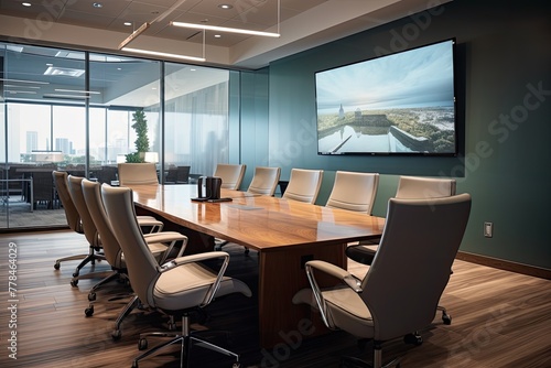 modern corporate conference room, captured in a high-quality photograph, showcasing an empty interior with polished surfaces, ergonomic chairs, and a large conference table