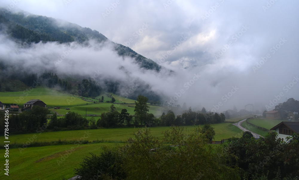 foggy morning in a valley in the mountains