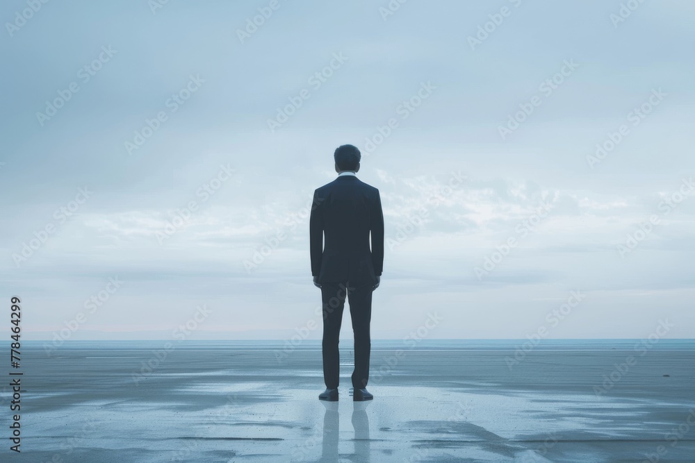 A lone businessman standing facing the horizon on a vast, empty shoreline with a reflective surface. Lone Businessman Standing on Empty Shoreline A lone businessman standing facing the horizon on a vast, empty shoreline with a reflective surface. Lone Businessman Standing on Empty Shoreline