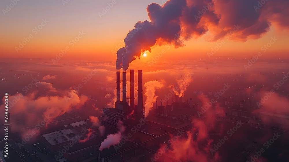 Aerial view of an industrial area with large chimneys belching smoke at sunset. Conceptual image of industry and the environment