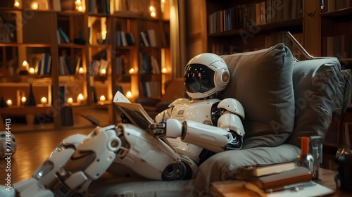 Humanoid robot lying on a sofa in a modern living room reading a book