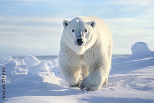 polar bear in snowy landscape with thick fur providing a stark contrast pristine white surroundings. bears resilience in Arctic climate and the details of its paw prints in the fresh snow