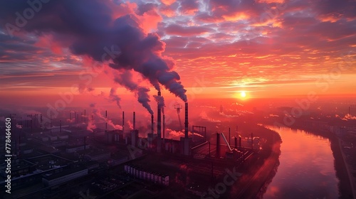 Aerial view of an industrial area with large chimneys belching smoke at sunset. Conceptual image of industry and the environment