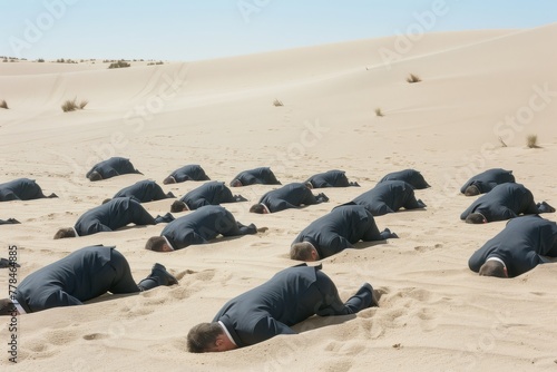 A group of businessmen with heads buried in desert sand, a metaphor for ignorance or denial. Group of Businessmen Buried in Desert Sand photo