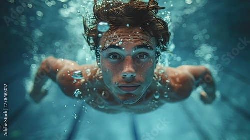 Portrait of an Olympic swimmer swimming in a competition in a swimming pool
