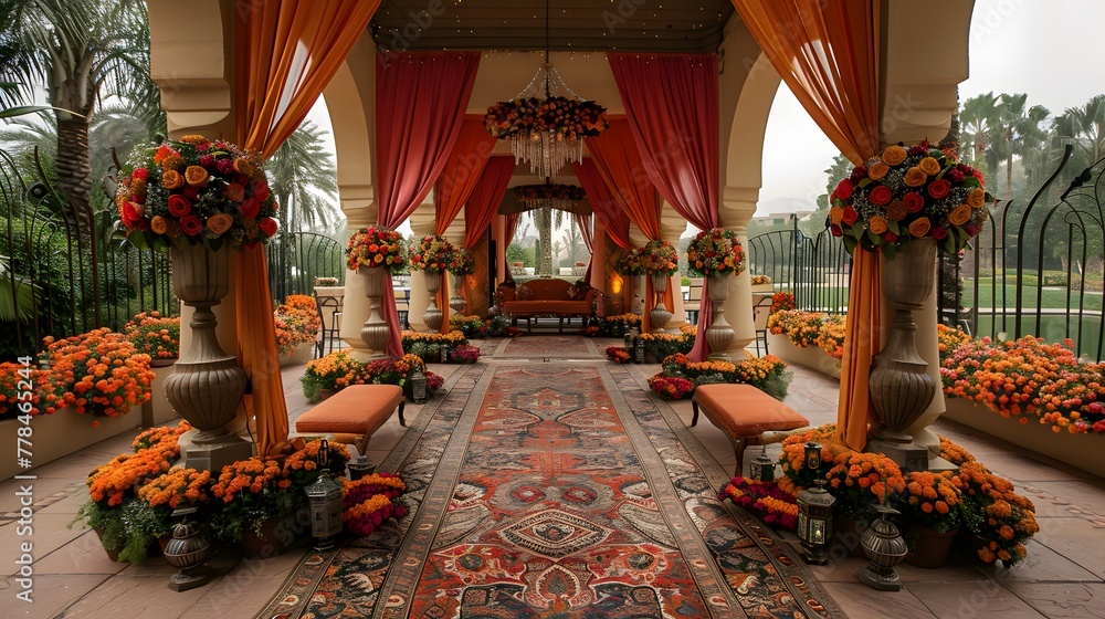 Vibrant colors and intricate patterns adorn the Indian-style wedding theme, with rich fabrics, ornate decorations, and traditional motifs creating a scene of cultural splendor and celebration