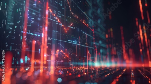 Macro perspective of electronically displayed stock market data with red and blue lights highlighting fluctuations and trading dynamics
