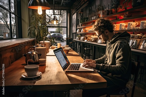 A person working on a laptop in a coffee shop with a camera on the table