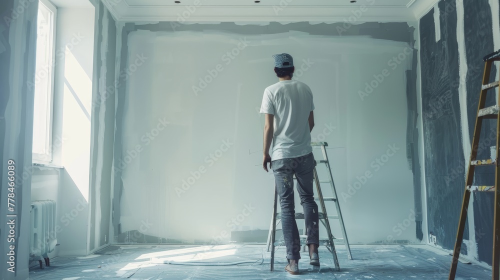 The painter was about to draw something on a wide white wall. The painter was about to draw something on a wide white wall.