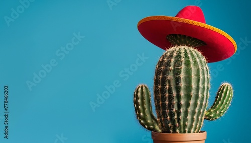 Cactus in a Mexican sombrero. Banner, Cinco de Mayo holiday. Blue background, top view. Concept for poster, banner, invitation design. Copy space, top view