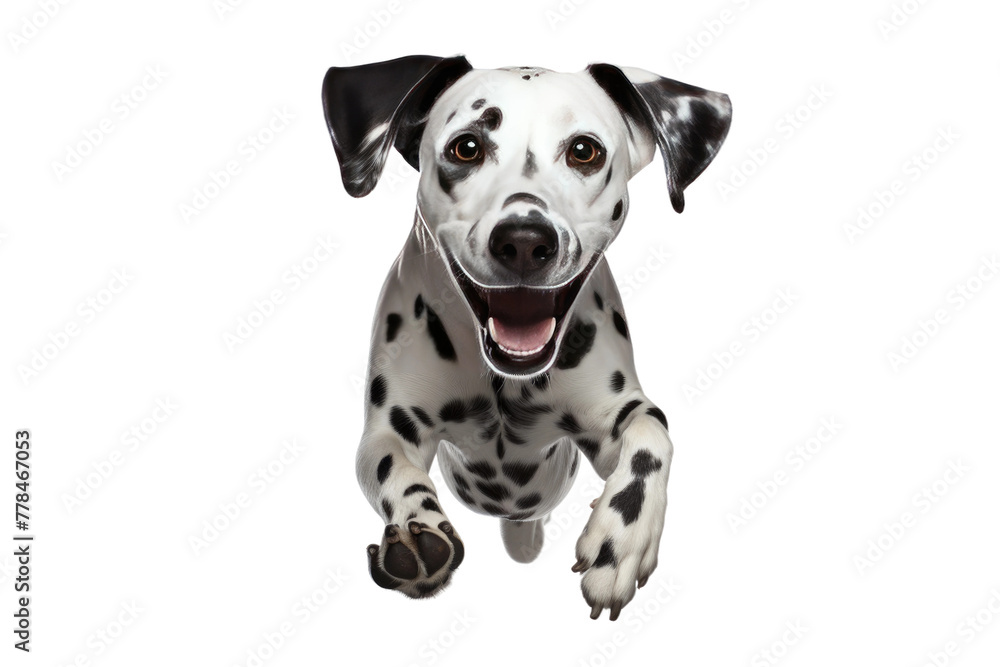 Majestic Dalmatian Leaps Gracefully Through the Air. White or PNG Transparent Background.