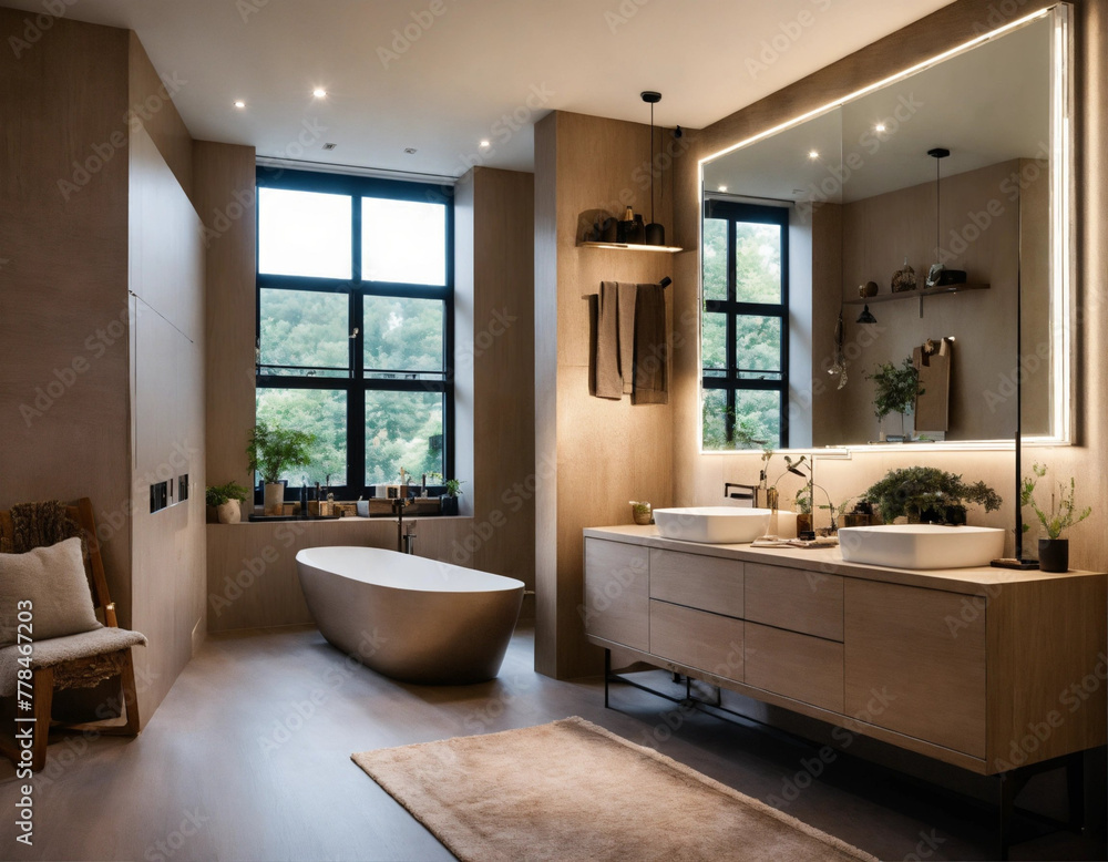 Modern washroom renovation with neutral tones and mirror's Modern washroom renovation with neutral tones and mirror's