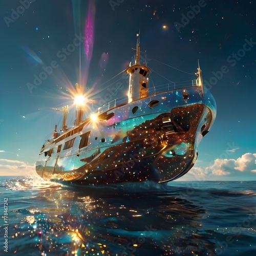 A luminous solar sailer its hull gleaming with golden photo