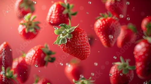 Flying fresh strawberries on red background