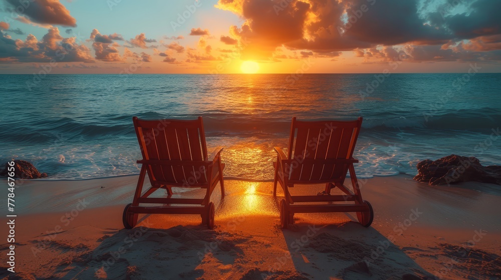 a couple of chairs sitting on top of a sandy beach next to the ocean with a sunset in the background.