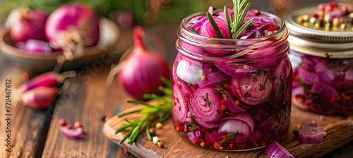 pickled onions in a jar  wooden background