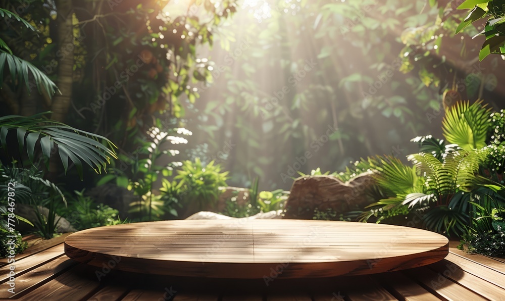 Obraz premium Dark podium in tropical forest for product presentation and green background