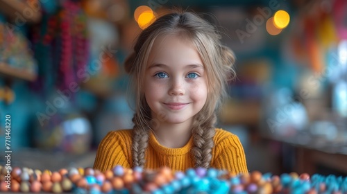 a little girl with braids standing in front of a table full of candies and lollipops.