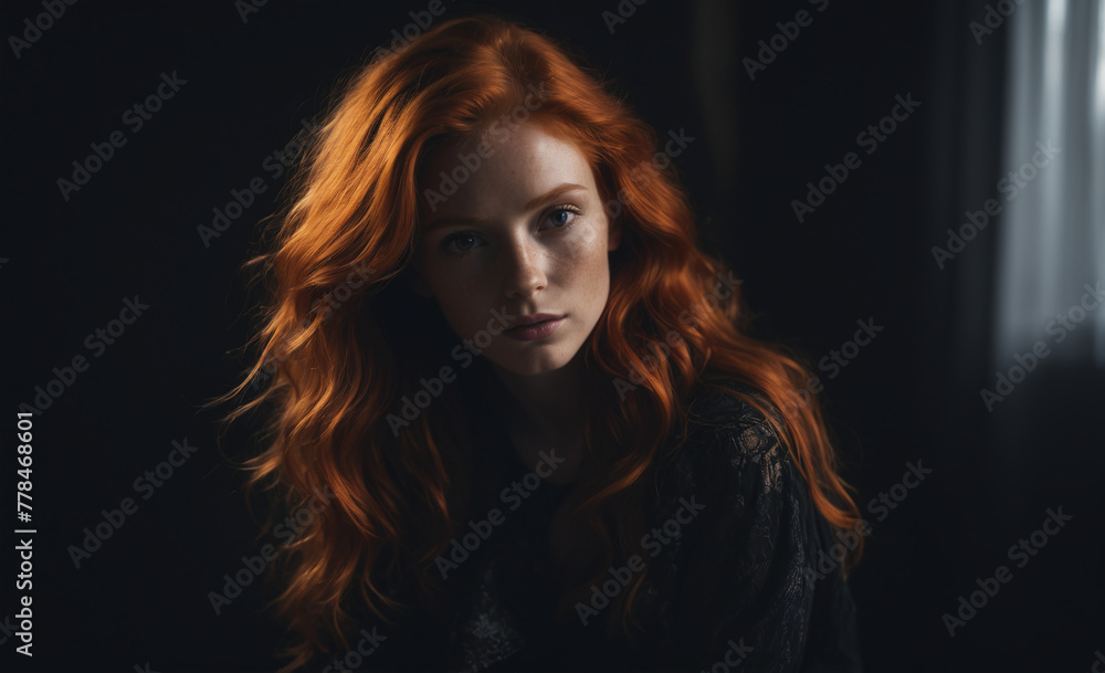 Portrait of a beautiful red-haired model, a ginger model with a face of beauty and red hair, noir, contrast, color paint, multiple colors , detailed Portrait of a beautiful red-haired model, a ginger model with a face of beauty and red hair, noir, contrast, color paint, multiple colors , detailed