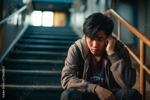 Image of an ethnic Asian student sitting on the stairs of his school, grieving because he is being bullied or because he failed an exam. Generative Ai. photo
