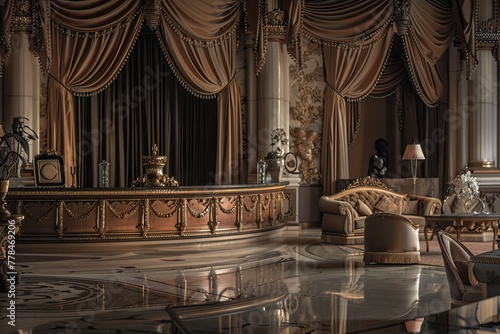 A baroque-style hotel reception with dramatic, curved furniture, heavy drapery, and an abundance of gold leaf detailing. The space is opulent and theatrical.
